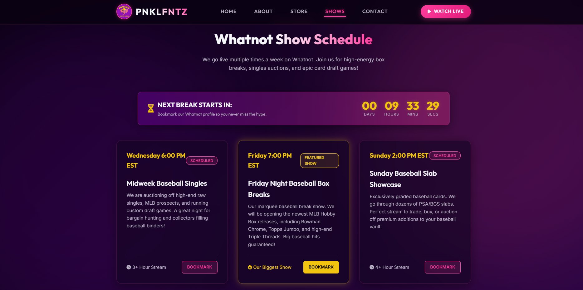PNKLFNTZ website: show schedule